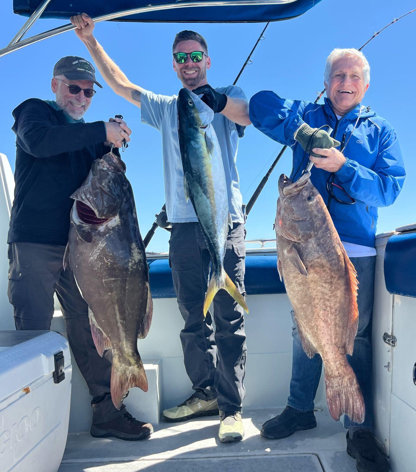Three Rocky Point anglers displaying grouper and yellowtail aboard WanderLust